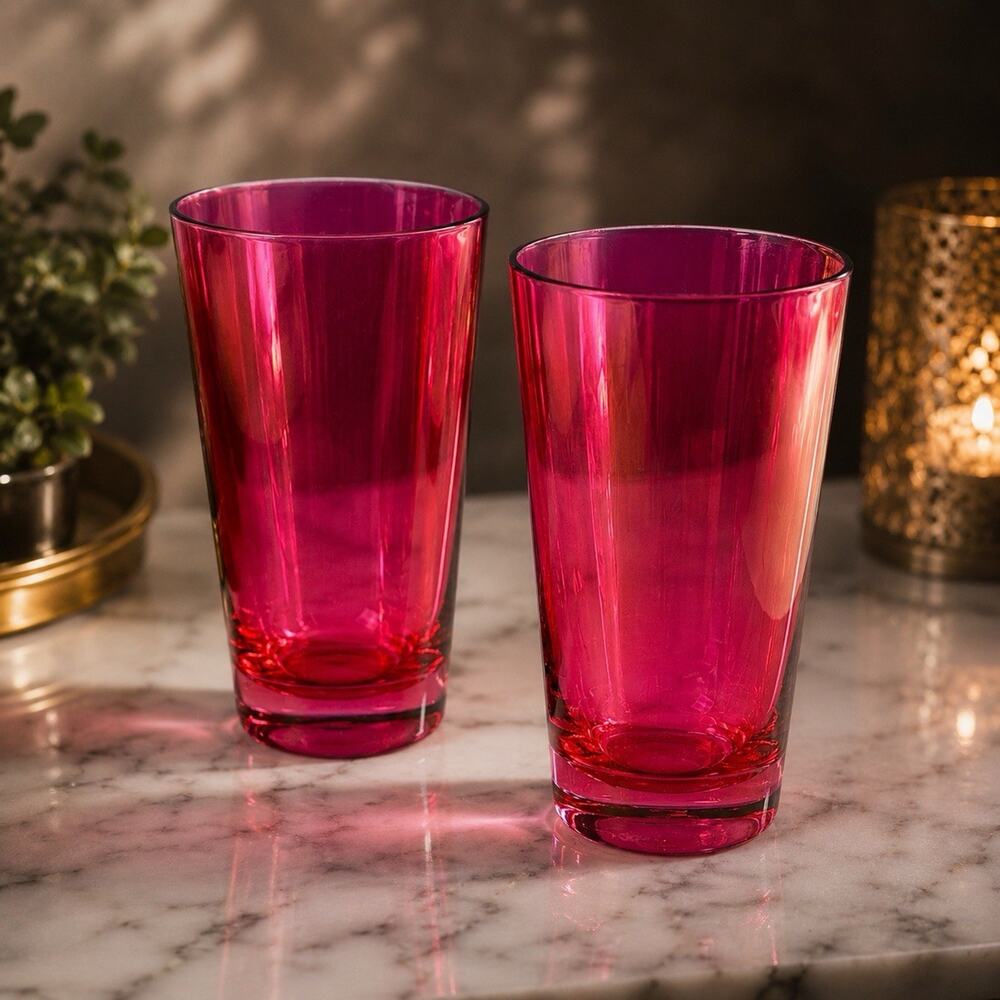 VTG Cranberry Glass Juice Tumblers Set 2 Ruby Red Flash Luster Hi-ball Barware
